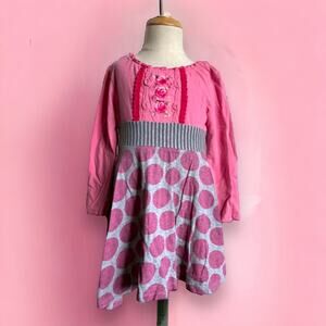 Naartjie Girls Dress Sz 3 Whimsical Sparkle Pink Gray Polka‎ Dots Long Sleeve